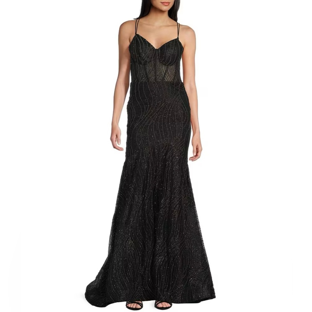 Blondie Nites Black Glitter Evening Gown